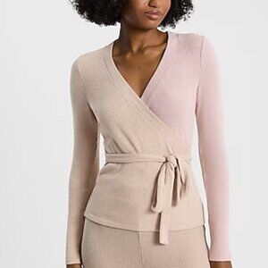 Express Cozy Ribbed Color Block Surplice Tie Waist Top- Size XL